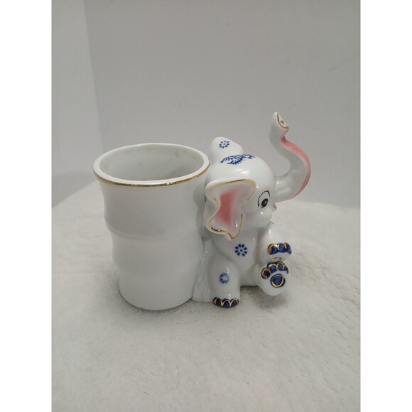 Porcelain Trunk Up Elephant Bamboo Planter Small White Blue Gold Accent - Picture 2 of 7